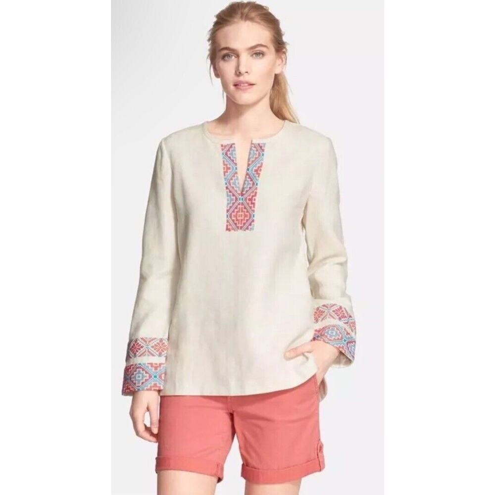 Tory Burch McKenna Tunic Top Ivory Linen $350 – Size 10 Embroidered V Neck